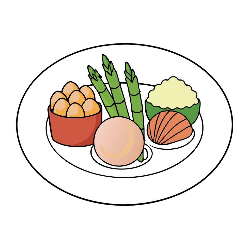 Fried eggs with bacon and tomato sauce on a black background. vector