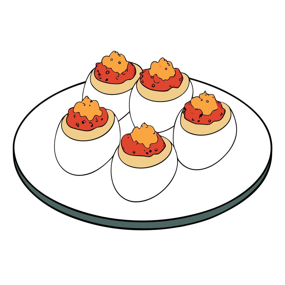 Platter of deviled eggs topped with crumbled bacon and paprika. vector