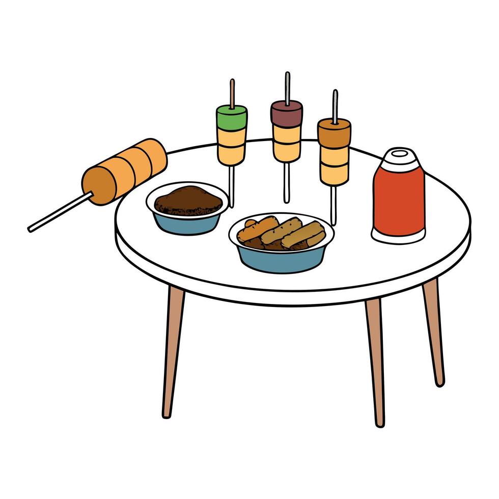 Guest table with small grilled meat skewers and various sauces vector