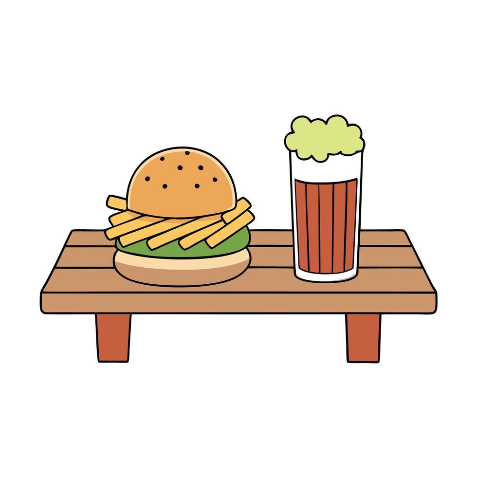 A burger and fries are on a wooden table next to a glass of beer vector