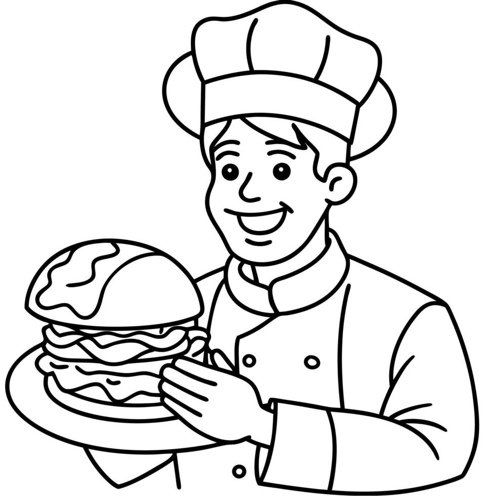 Chef in gloves preparing beef burger with bacon and lettuce vector