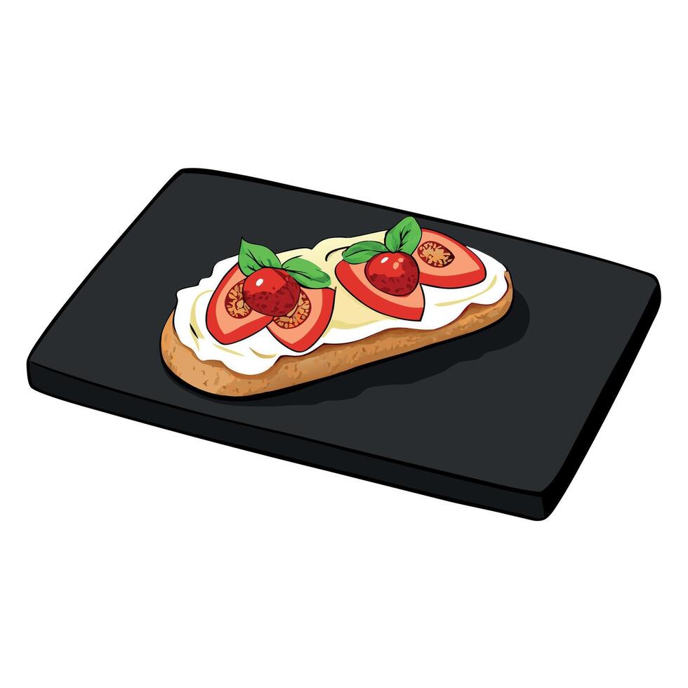 Cheese topped tomato and bacon bruschetta on a black slate board vector