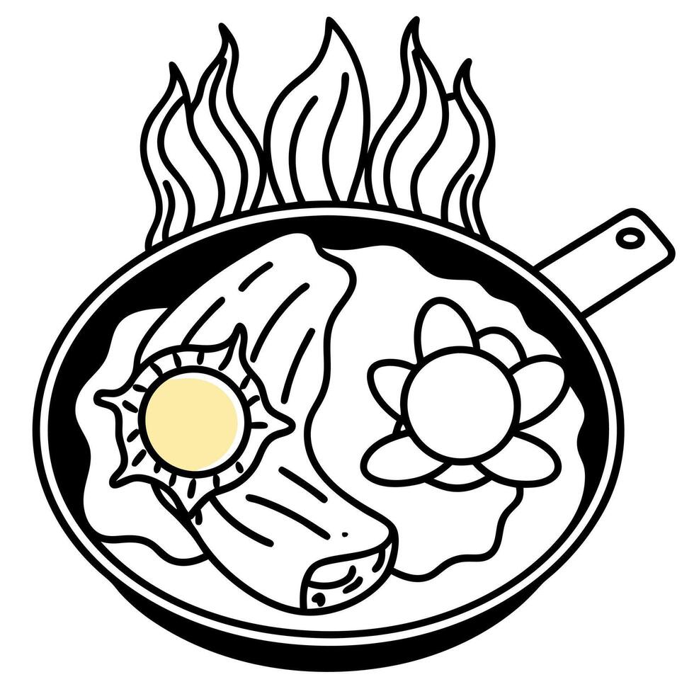 Cast Iron Pan With Sunny Side Up Eggs and Bacon Over Fire vector