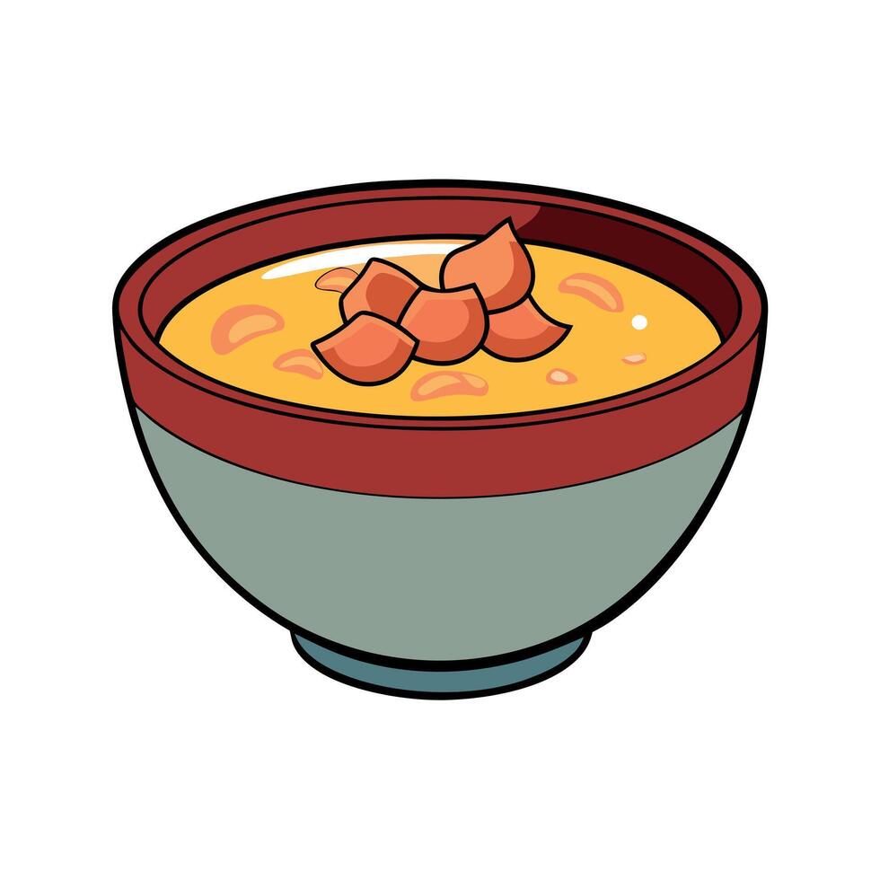 A bowl of soup with bacon and corn on top sits on a table vector