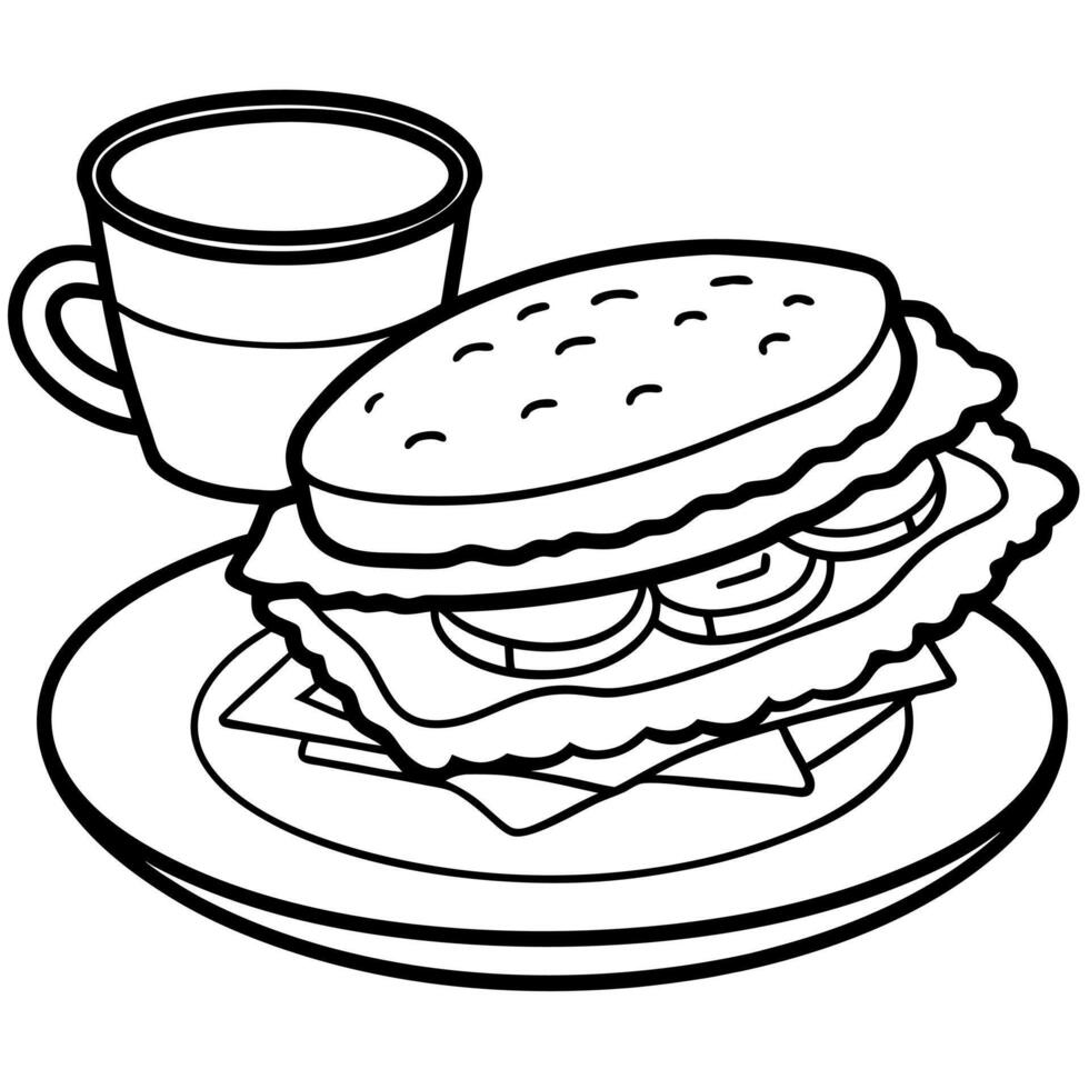 Delicious Breakfast Sandwich with Scrambled Eggs and Coffee vector