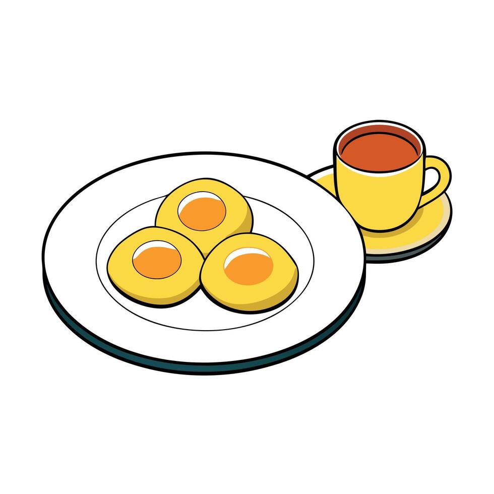 A plate of three eggs with yellow yolks and a cup of coffee vector