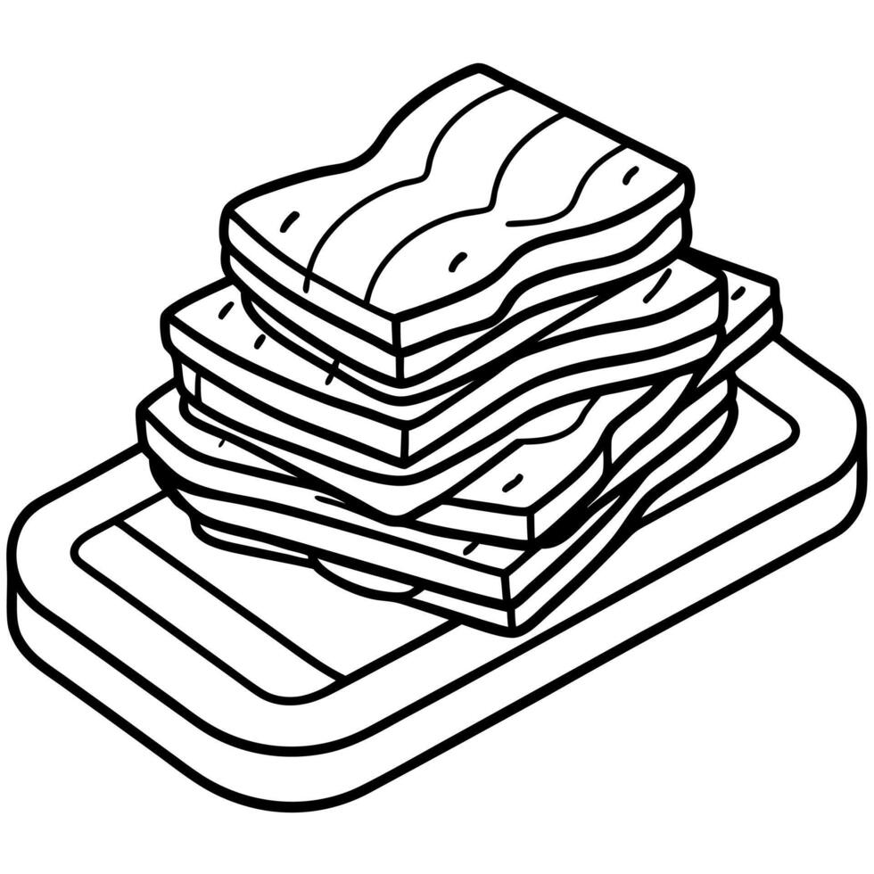 Crispy pork belly slices stacked on a wooden cutting board vector