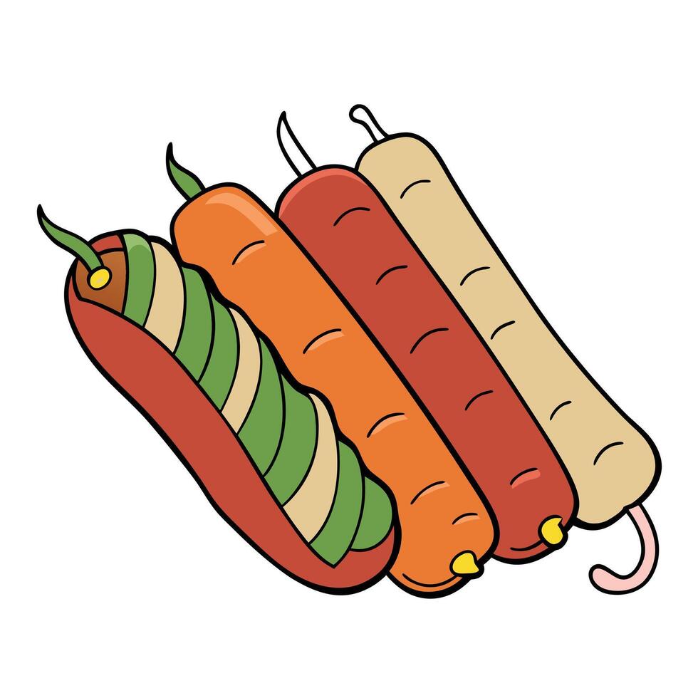 Bacon-wrapped hot dogs with onions and peppers made at home. vector