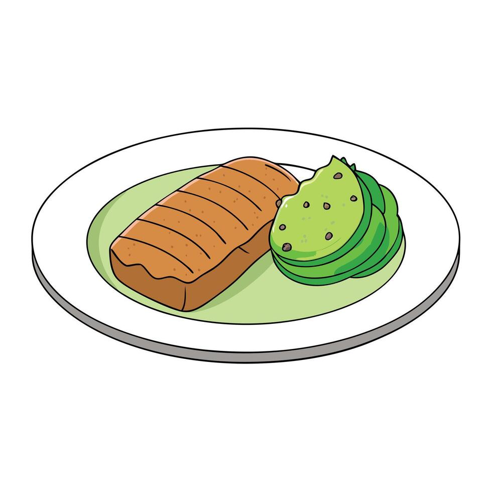 Grilled pork with potato guacamole and chives on a white plate vector