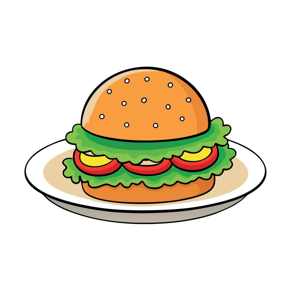 Cheeseburger on a Plate with Sesame Bun and Fresh Vegetables vector