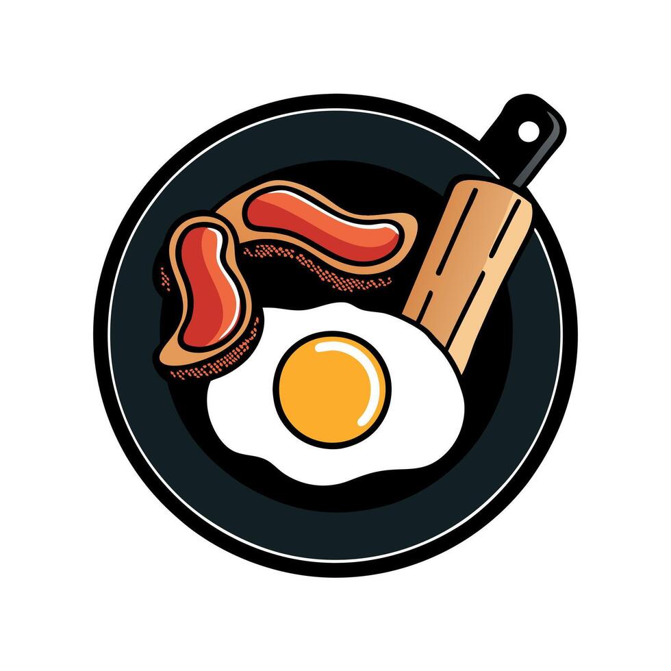 English breakfast. fried egg and bacon on pan. Black background vector