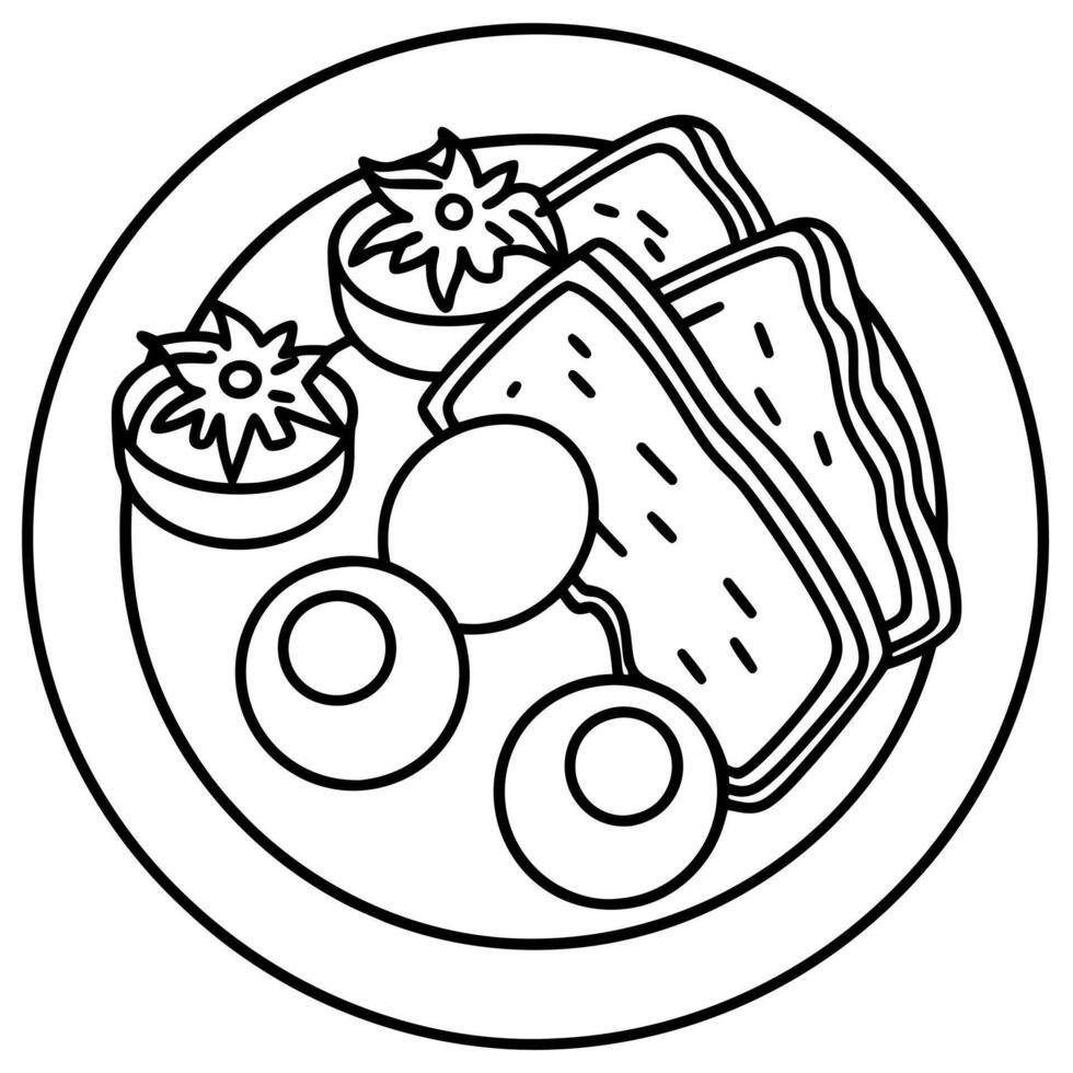 A plate of breakfast with toast. eggs. bacon. and tomatoes. vector
