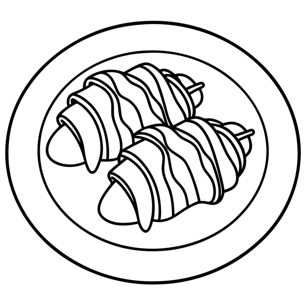 Bacon wrapped scallops with a butter sauce on a white plate. vector