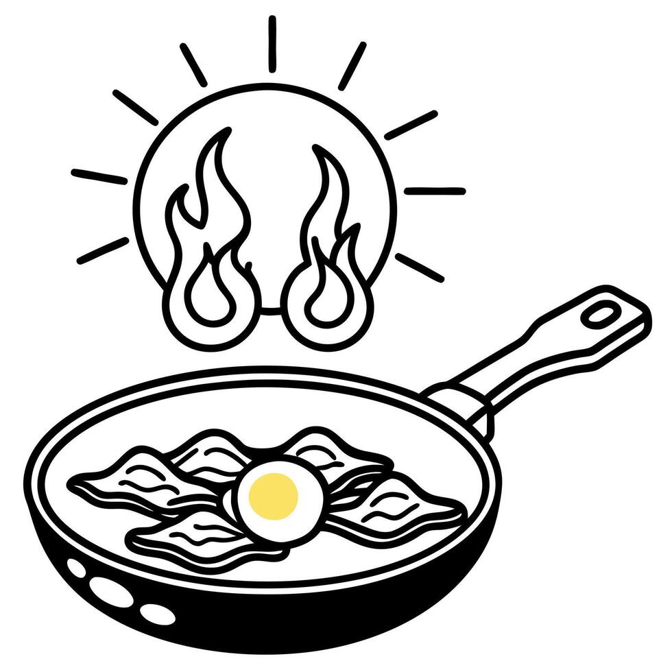 Cast Iron Pan With Sunny Side Up Eggs and Bacon Over Campfire vector