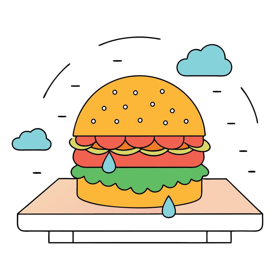 A burger with cheese and tomatoes sits on a table in the rain vector