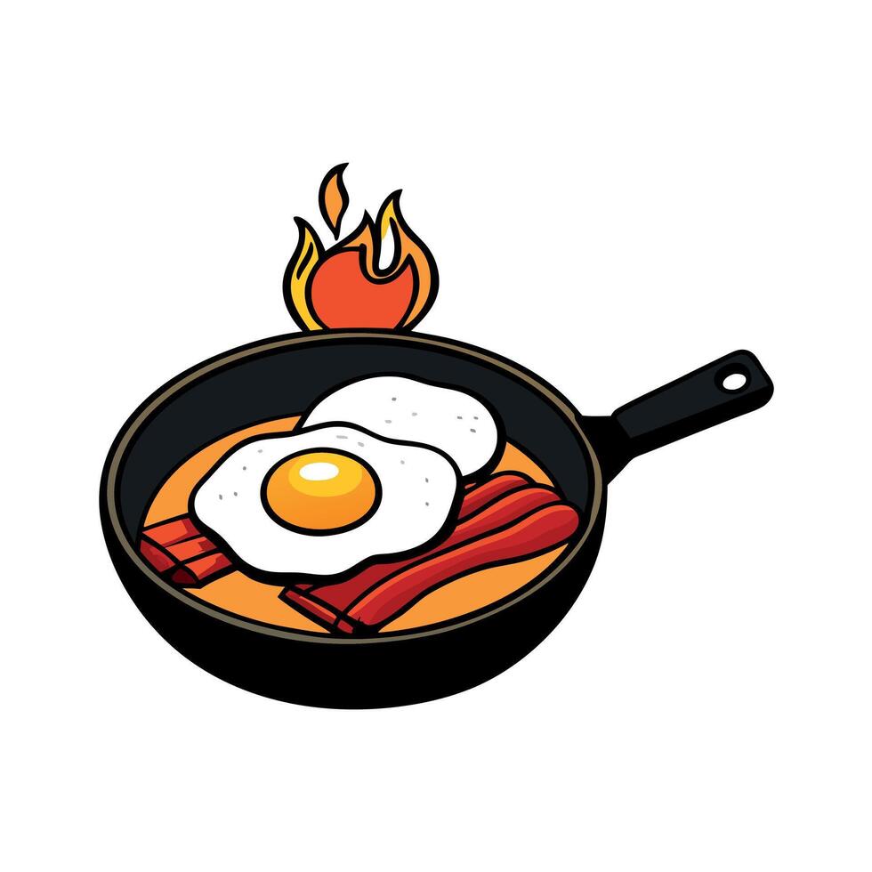 Cast Iron Pan With Sunny Side Up Eggs and Bacon on Campfire vector