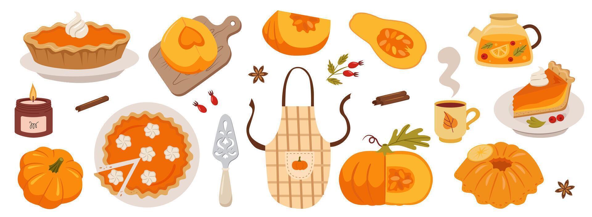 Pumpkin pie set. Pumpkin slice, spices, meringues, whole pie, piece of pie, apron, teapot. Set of bright elements for Thanksgiving recipes. vector