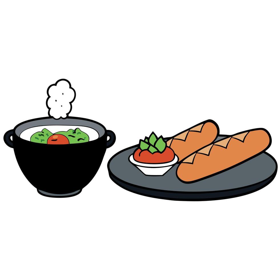 Hot dish on a black plate. salad on a black plate and baguette with filling vector