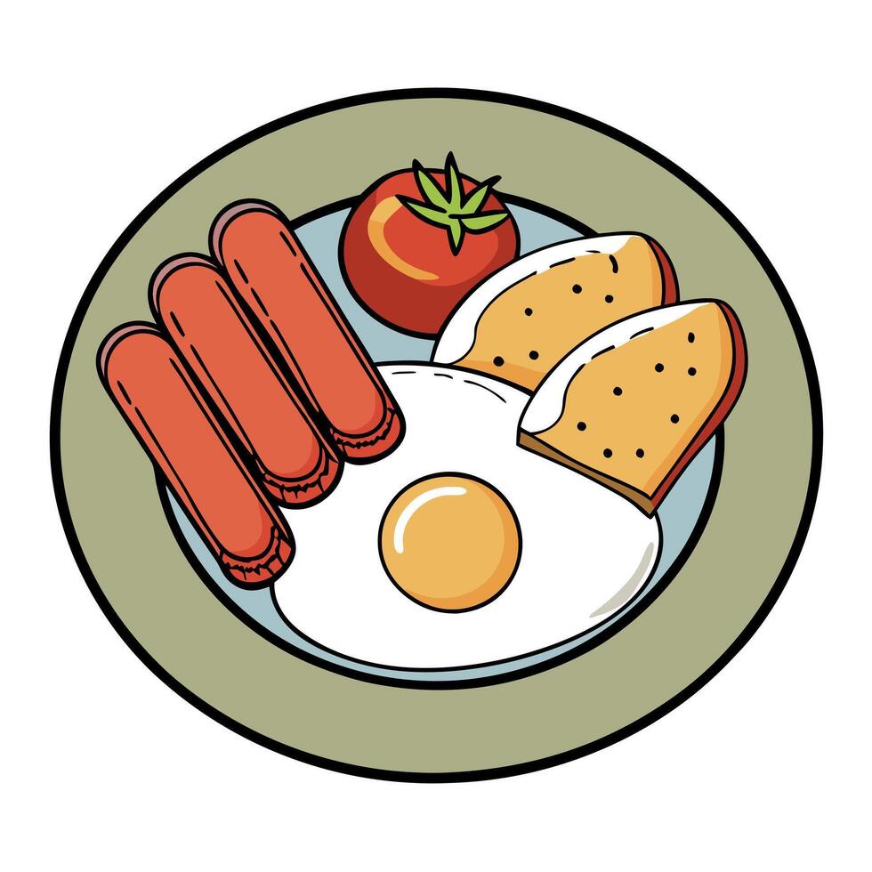 English Breakfast Plate with Fried Eggs. Sausage. Bacon. Tomatoes. and Toast vector