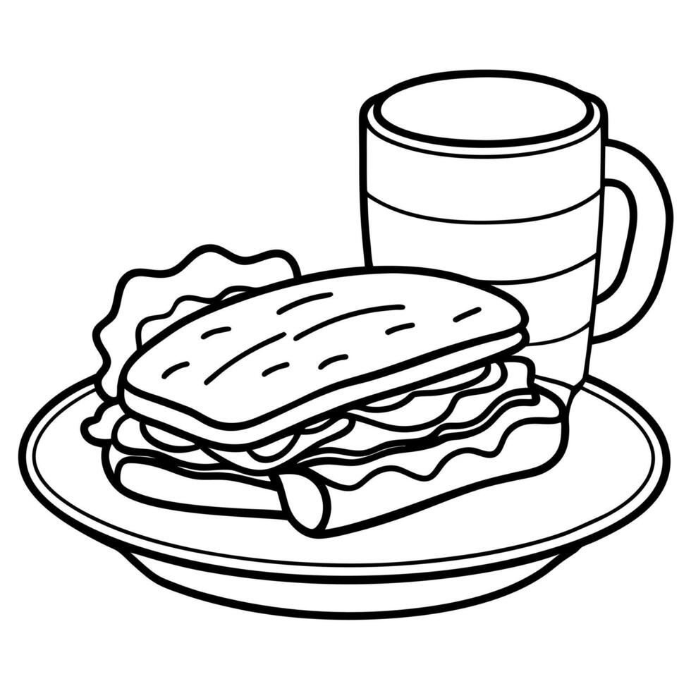 Bacon sandwich with ketchup red sauce in a bread english bun with coffee cup vector