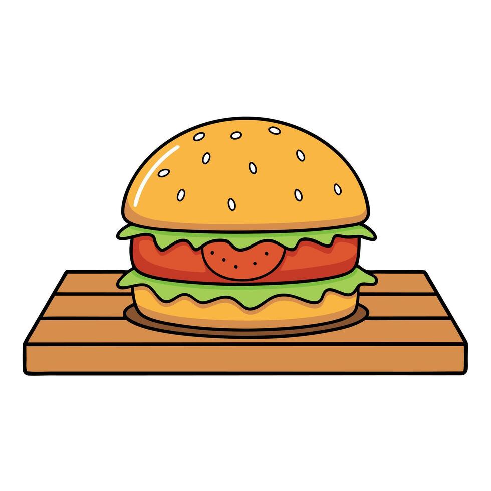 A burger with cheese and tomatoes on top of a wooden table vector