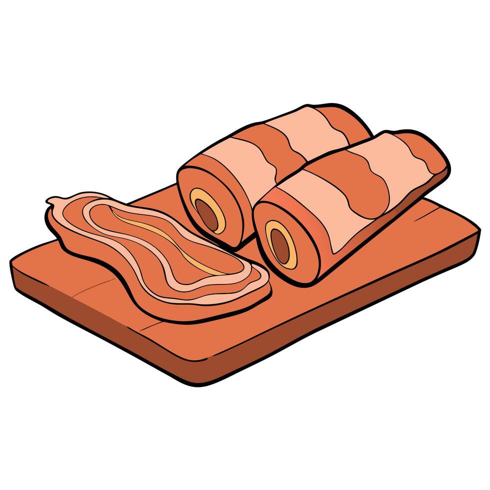 Close up Bacon slices. Pig meat. Pork belly with rosemary on a wooden board vector