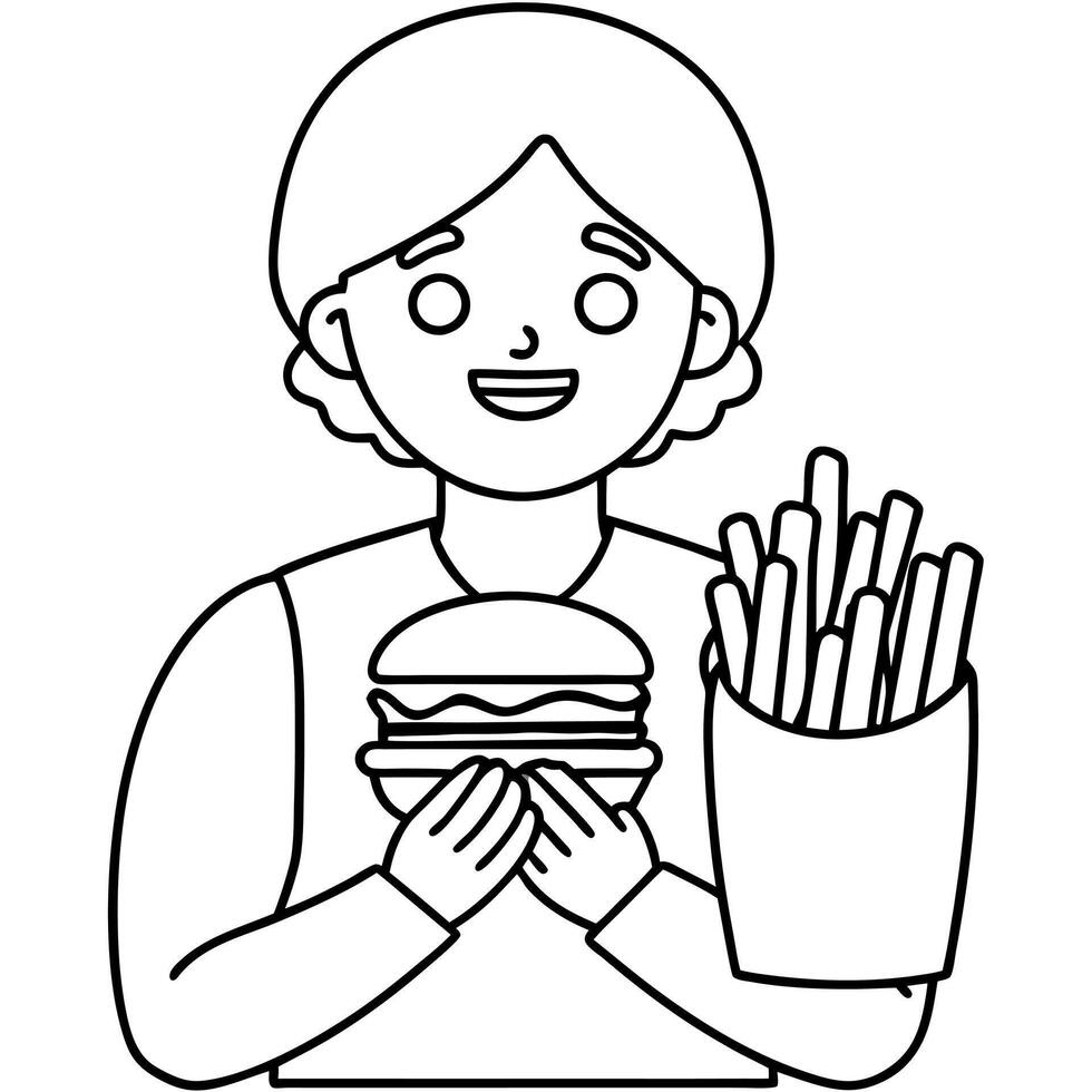 A person holding a burger and fries with their hands crossed over each other vector