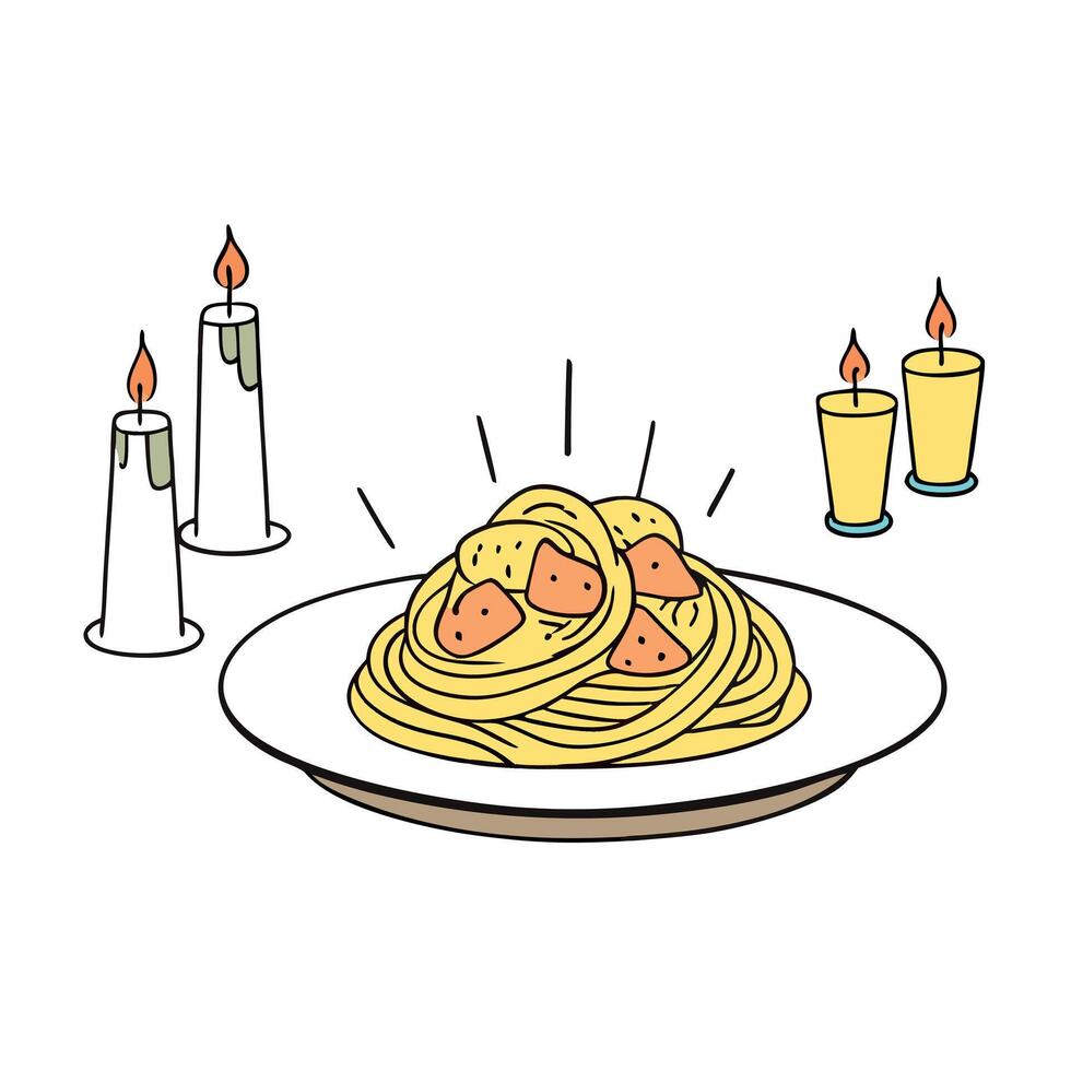 Linguini carbonara with parmesan. candles in the background. romantic mood vector
