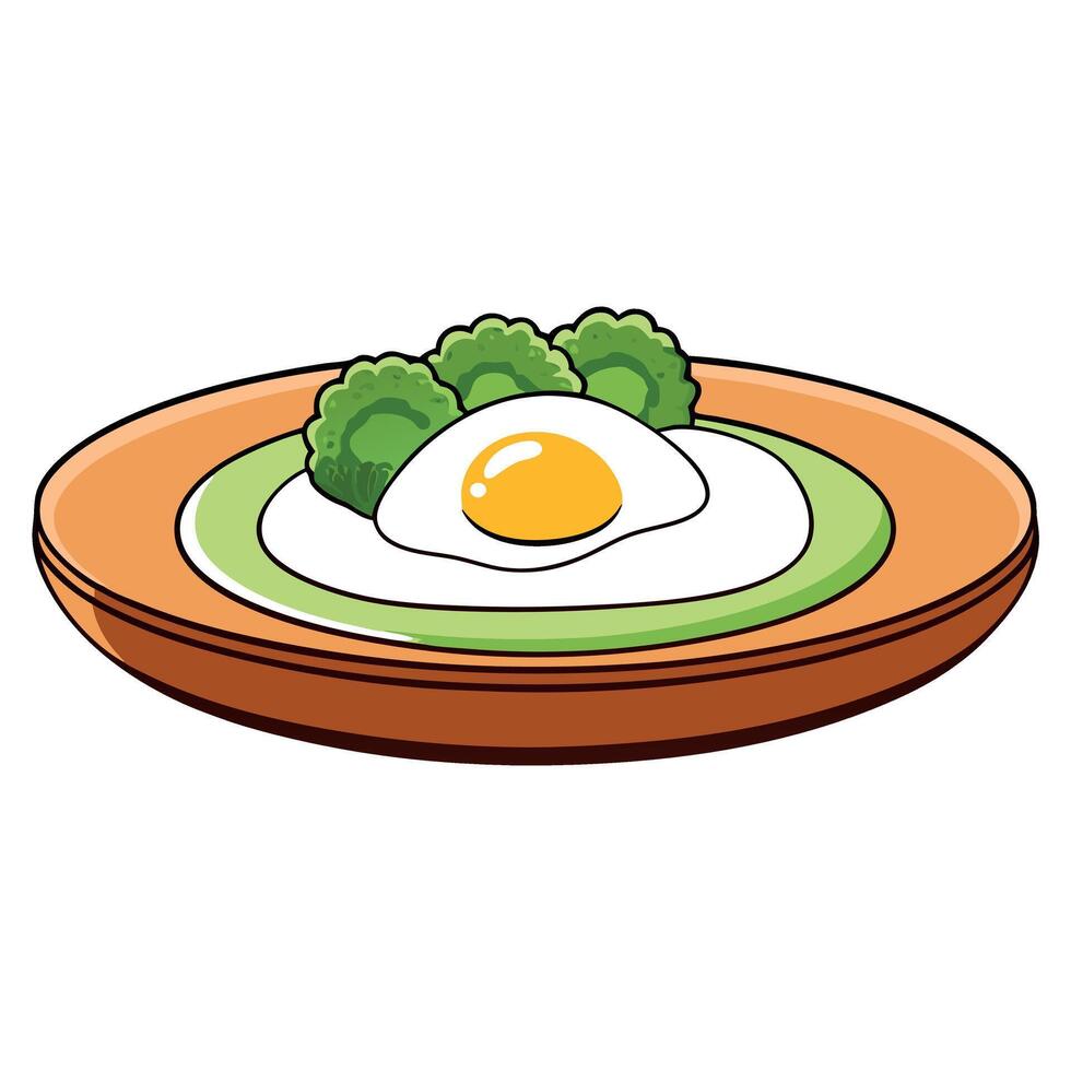 A close-up shot of a dish featuring an egg atop broccoli on a wooden table vector