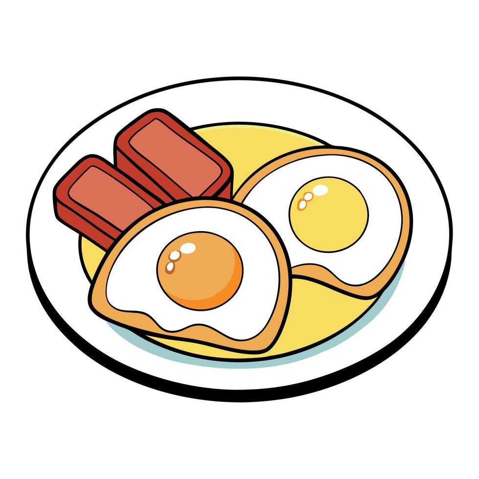 A plate of fried eggs. crispy bacon. and toasted bread with a pat of butter. vector