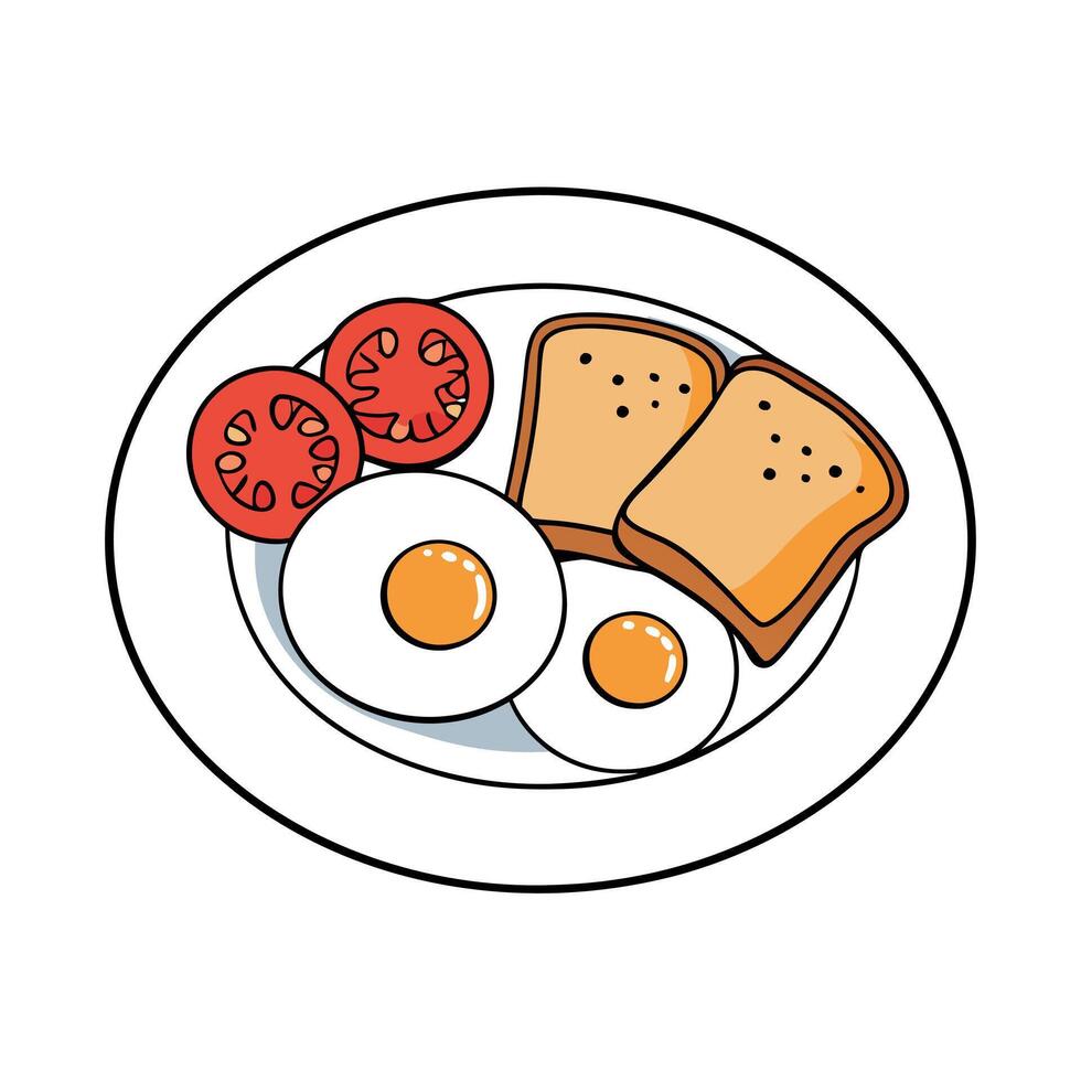 A white plate topped with eggs. bacon. toast and tomatoes vector