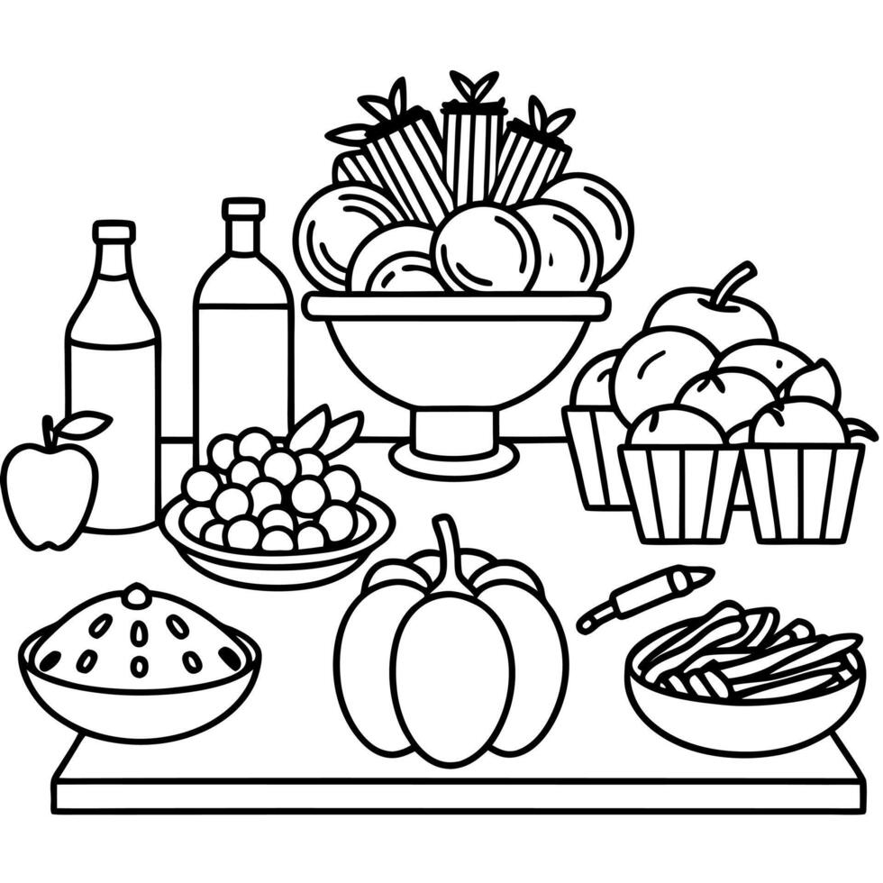 A table with a variety of food items including vegetables. fruits. and pasta vector