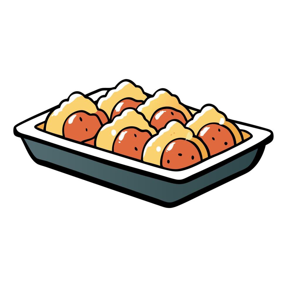 Clams casino topped with breadcrumbs. bacon. and Parmesan cheese on a tray. vector