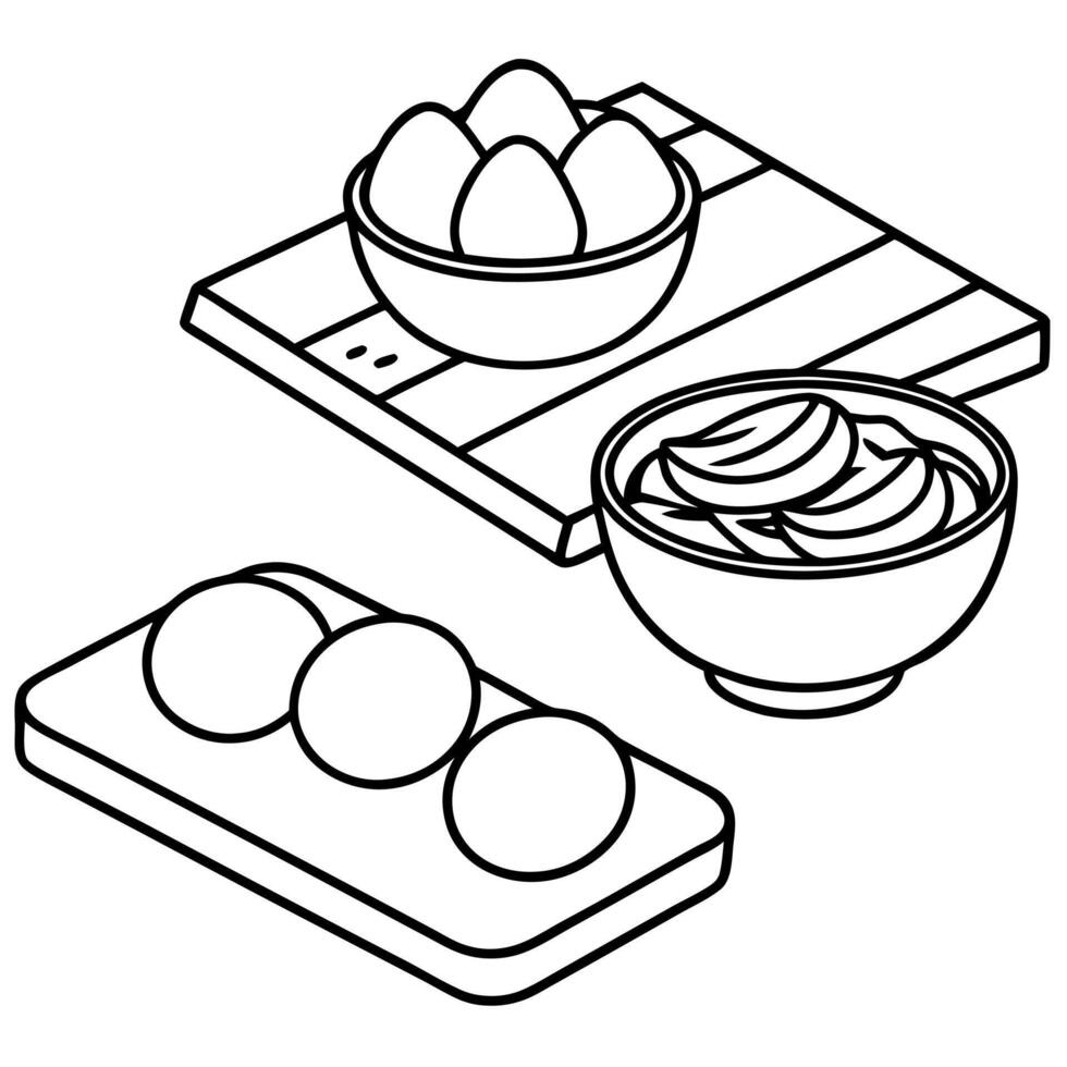 Wooden cutting board with eggs on it next to bowls of noodles and boiled eggs vector