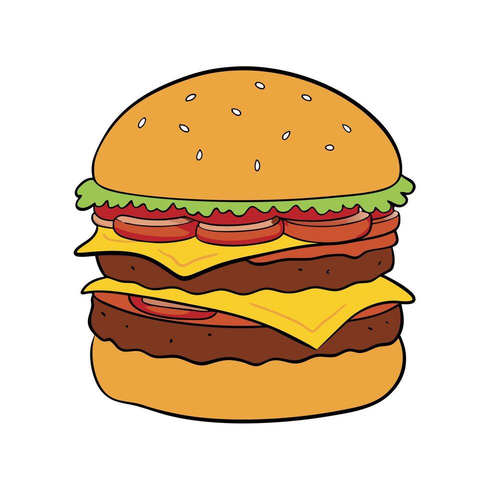 A mouth-watering burger. perfectly stacked with gooey cheese and crispy bacon. vector