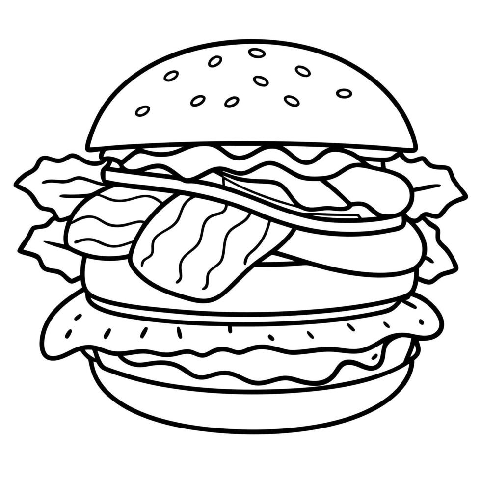 BBQ burger with bacon slices. beef patty. lettuce. pickles. bun without sesame vector