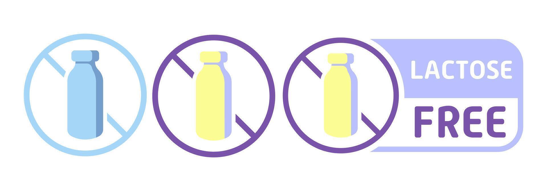 Lactose free label. Diet, drop, fermented milk product, lactase enzyme, intolerance, indigestion, digestive problem disorder, congenital, acquired, intestines, stomach, alternative, crossed out bottle vector