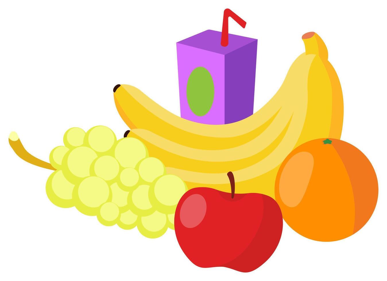 Fruits. Banana, apple, grape, orange, juice with straw. Healthy food, diet, proper nutrition, fat, protein, carbohydrates, lifestyle, healthcare, fitness, weight loss or gain, snack, vitamins. vector