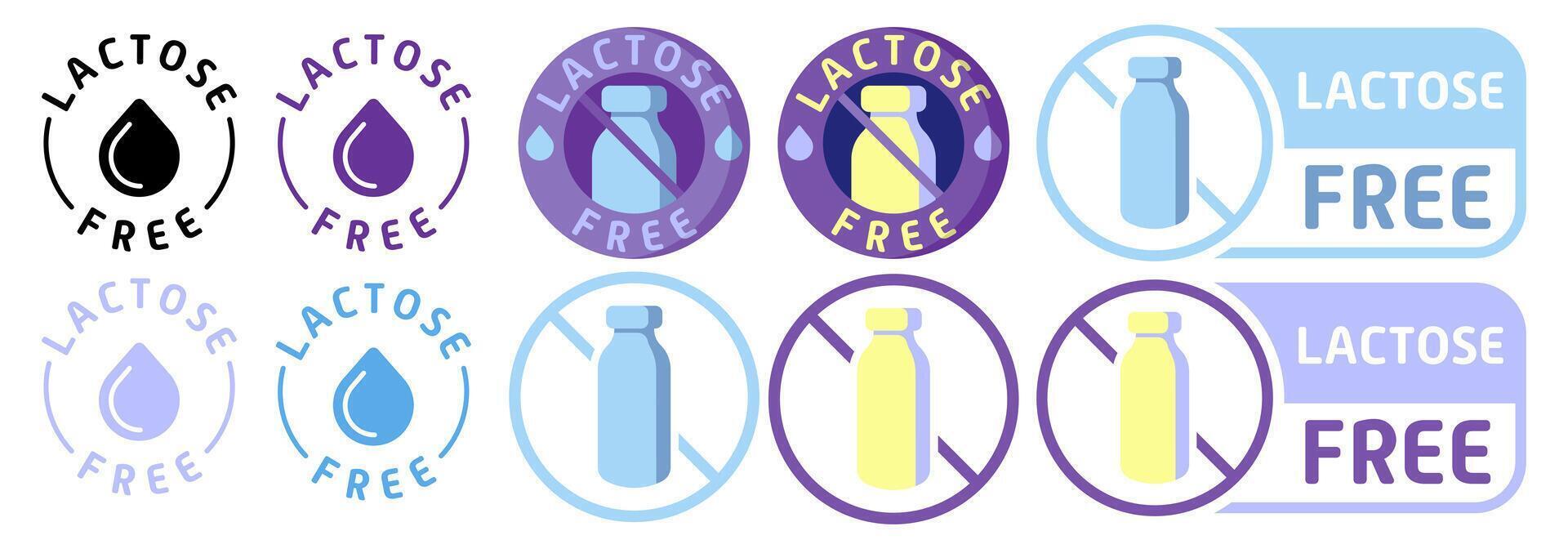 Lactose free label. Diet, drop, fermented milk product, lactase enzyme, intolerance, indigestion, digestive problem disorder, congenital, acquired, intestines, stomach, alternative, crossed out bottle vector