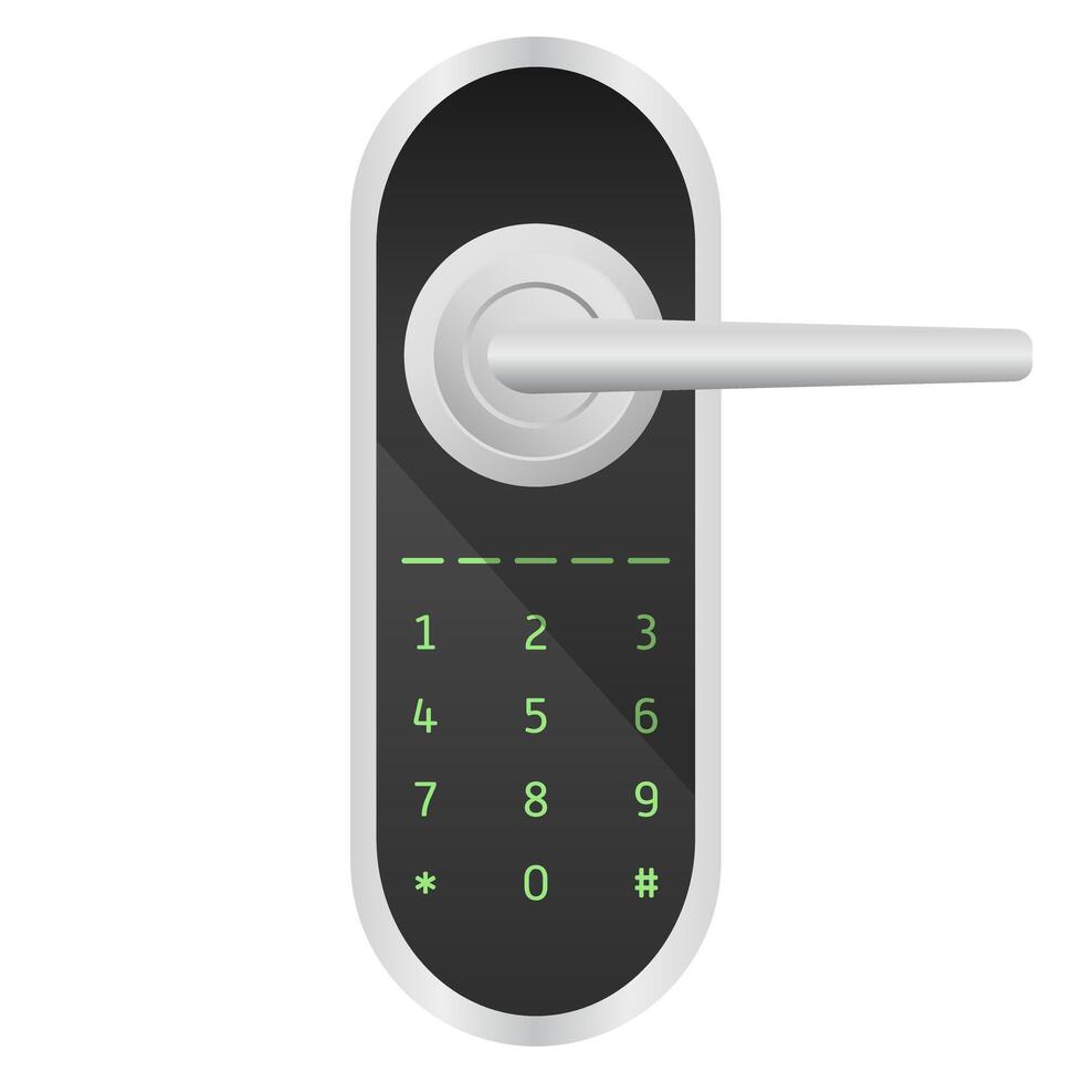 Door handle with number dialing. Metallic gradient, intercom, call, black glass, modern design, interior, decor item, furniture, lock, magnet, remote control, smart home app, security system, key card vector