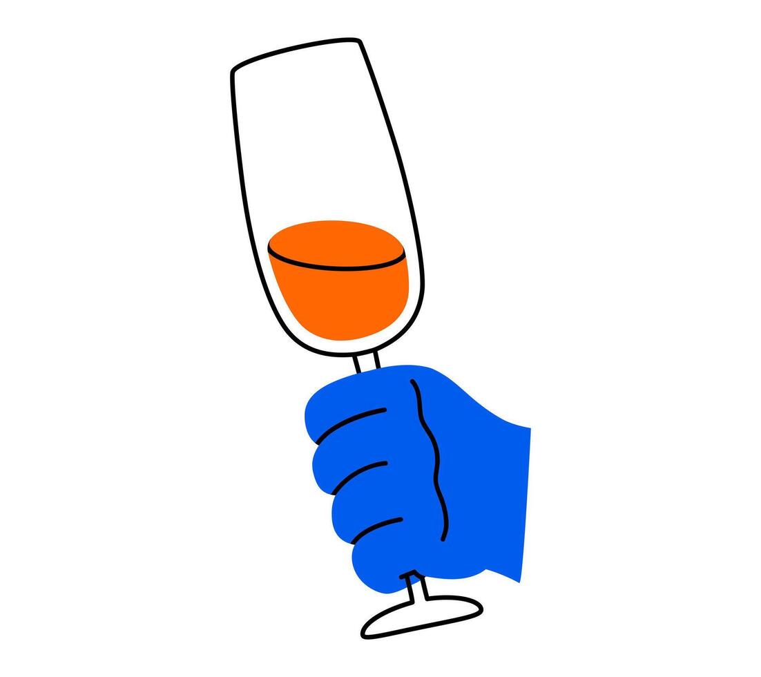 Hand drawn cute illustration of outline wineglass in hand. Flat arm with alcohol glassware in doodle style. Alcoholism or heavy drinking. Bar or restaurant party icon. Cocktail menu. Isolated. vector