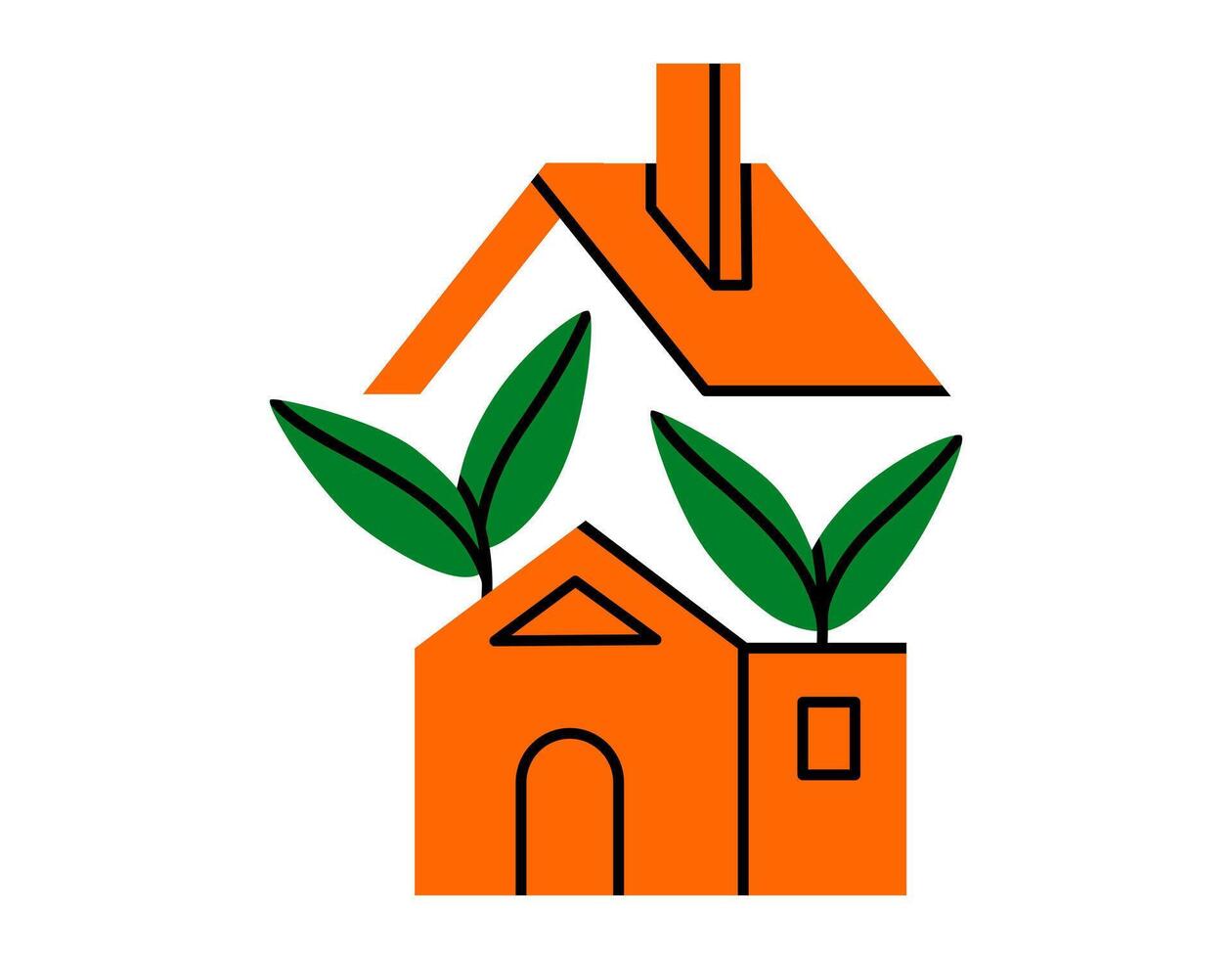 Hand drawn cute cartoon illustration of smart ecology house with green plant. Flat home green energy technology sticker in doodle style. Save power consumption icon. Eco friendly. Isolated. vector