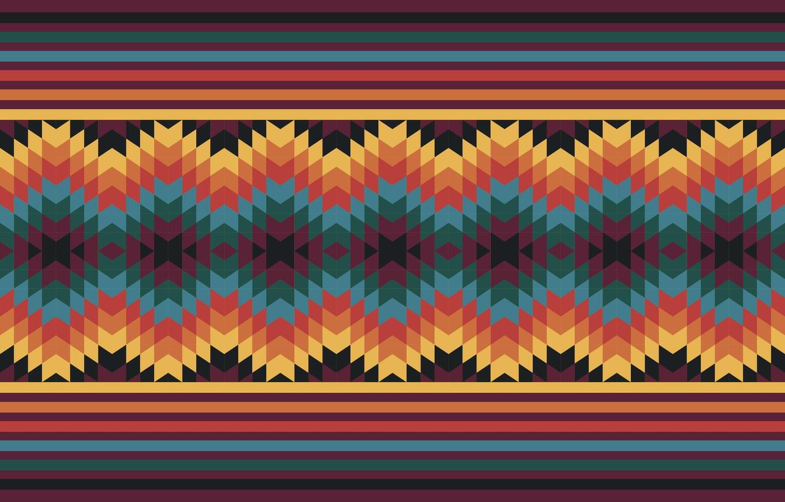 Geometric pattern featuring symmetrical zigzag and diamond shapes in warm earth tones of red, orange, yellow, green, and black, typical of ethnic and tribal textiles. vector
