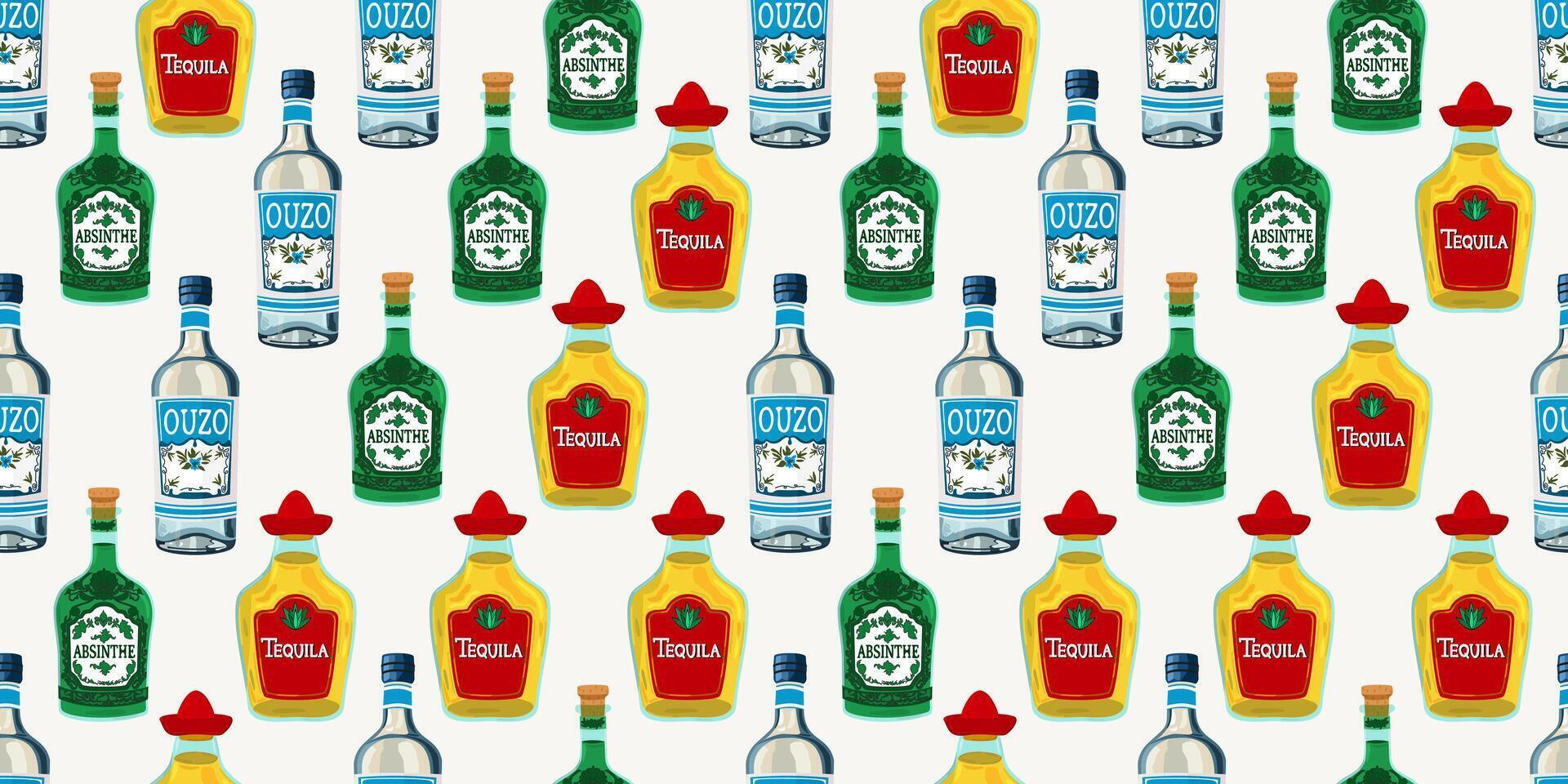 seamless pattern with alcohol drinks. Bottles of tequila, ouzo, absinthe on light background vector