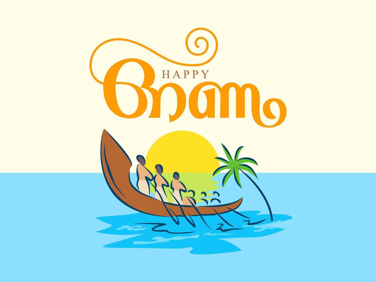 English and Malayalam Happy Onam Typography. Kerala landscape drawing. Boat and coconut tree. South Indian, Kerala Festival greeting. vector