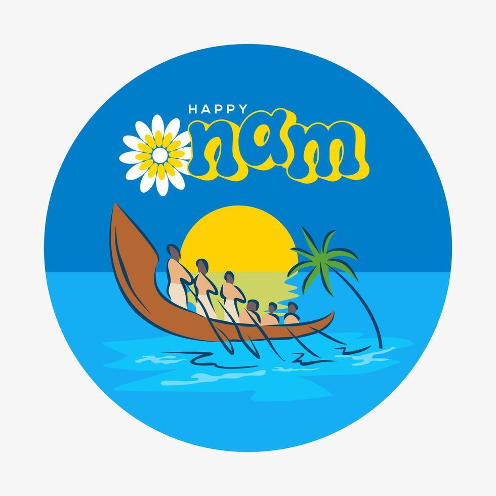 Kerala, South Indian fesitval Onam typography with Flower and Kerala landscape drawing. Boat and coconut tree. For wishes greeting. vector
