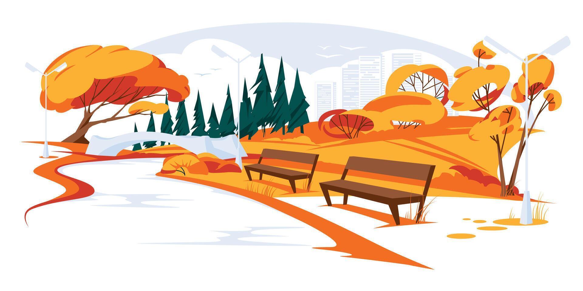 view of an empty autumn park. Urban landscape. Yellow and orange season. flat illustration vector