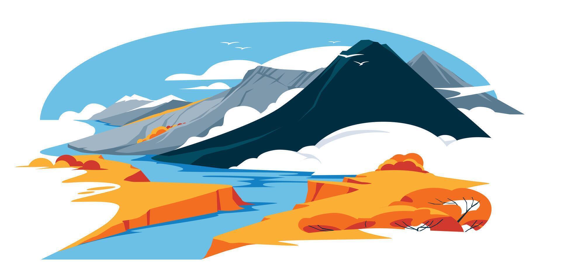 autumn mountain landscape. Calm blue river. Orange and yellow season. flat illustration vector
