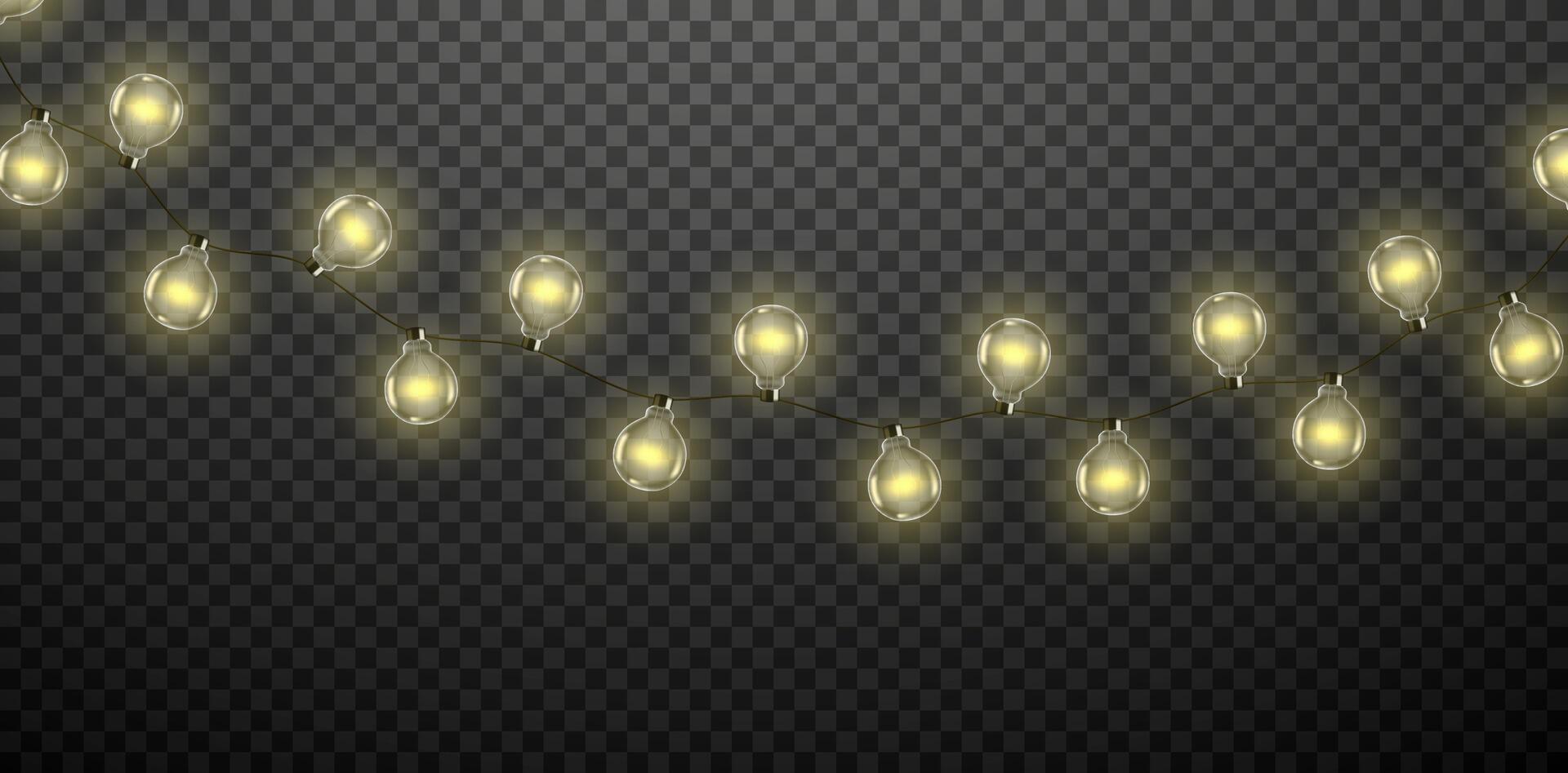 Realistic retro garland of glowing light bulbs isolated on dark background. vector
