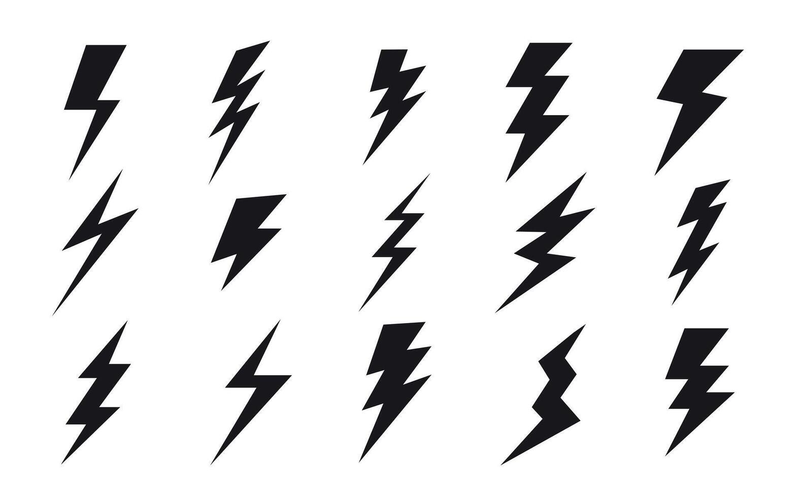 Lightning bolt icons set isolated on white background. Black icons of thunder or lightning signs.Thunderbolt silhouette.Simple lightning strike sign. vector